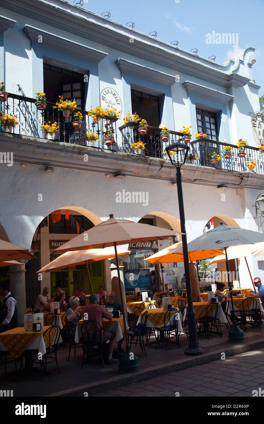 Restaurants along the Zocalo Colonnade in Oaxaca - Mexico Stock Photo