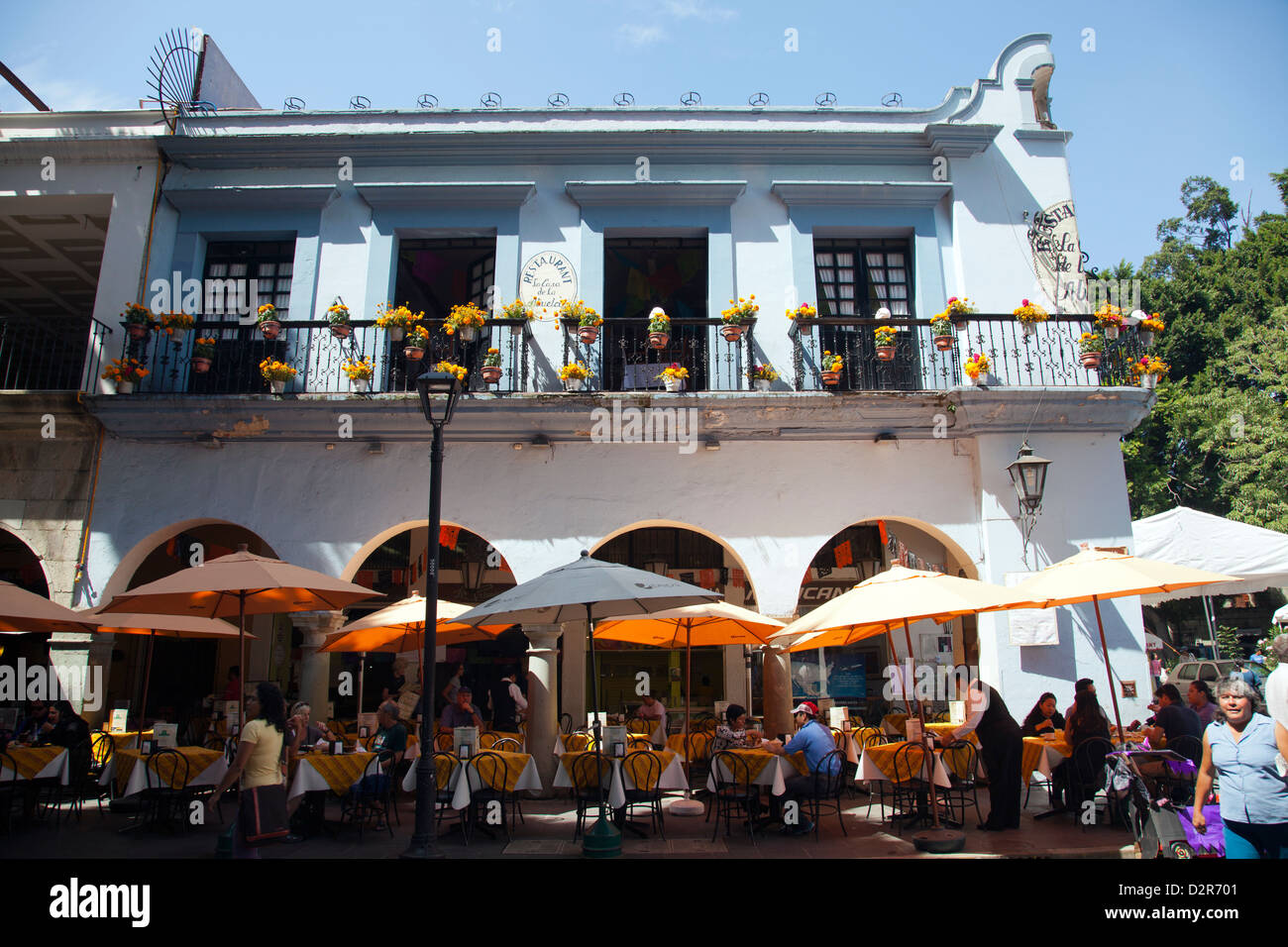 Restaurants along the Zocalo Colonnade in Oaxaca - Mexico Stock Photo