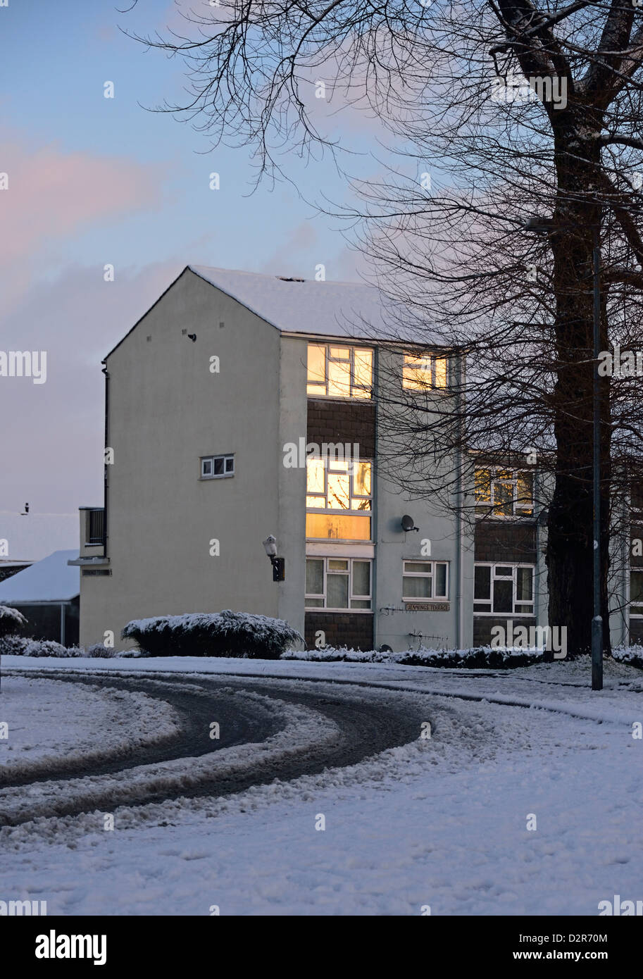 Housing in winter. Jennings Terrace, Waterside, Kendal, Cumbria