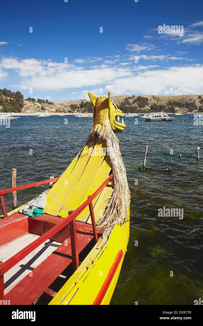 Traditional style reed boat, Copacabana, Lake Titicaca, Bolivia, South America Stock Photo