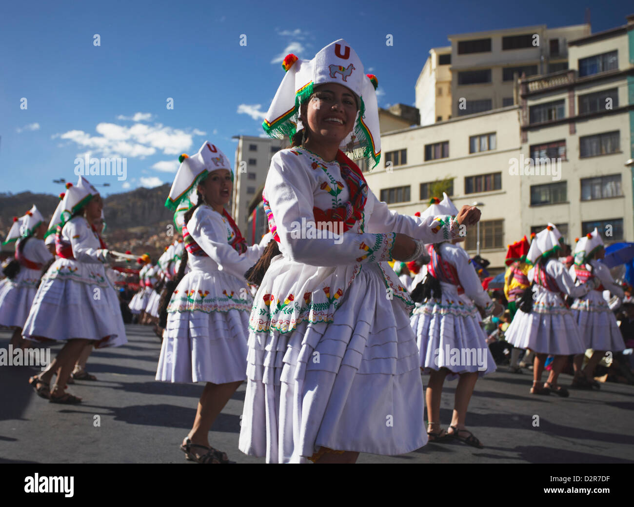 Dancers performing in Entrada Universitaria (University Entrance) Festival, La Paz, Bolivia, South America Stock Photo