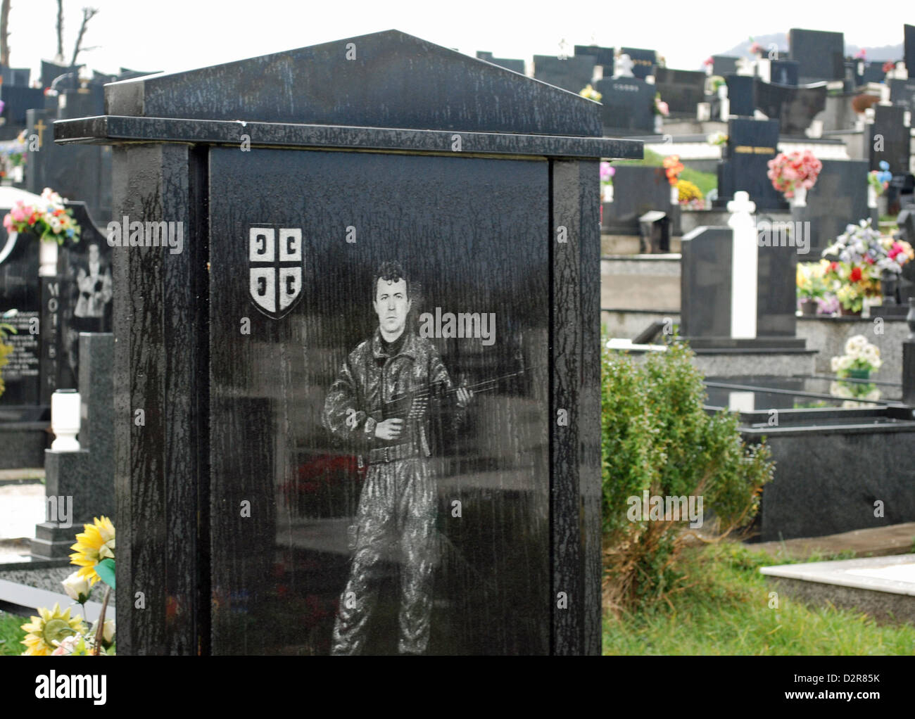 Grave of Bosnian Serb soldier in Orthodox cemetery in Republic of Srpska, Sarajevo. Stock Photo