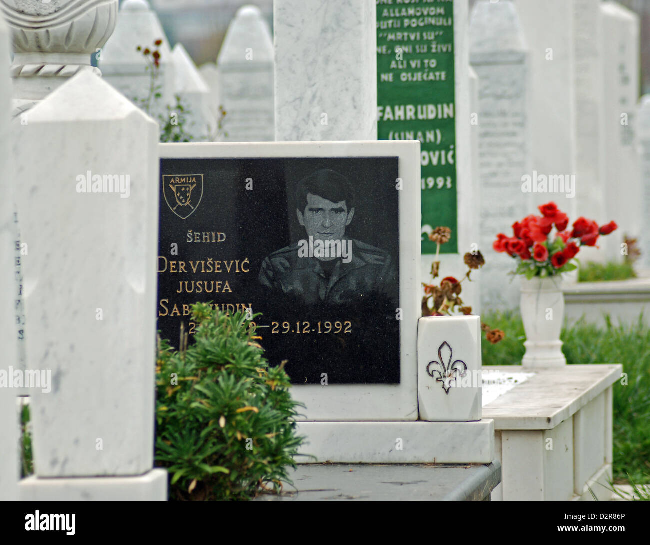 Grave of a Bosnian Muslim soldier in Koševo cemetey, Sarajevo Stock Photo