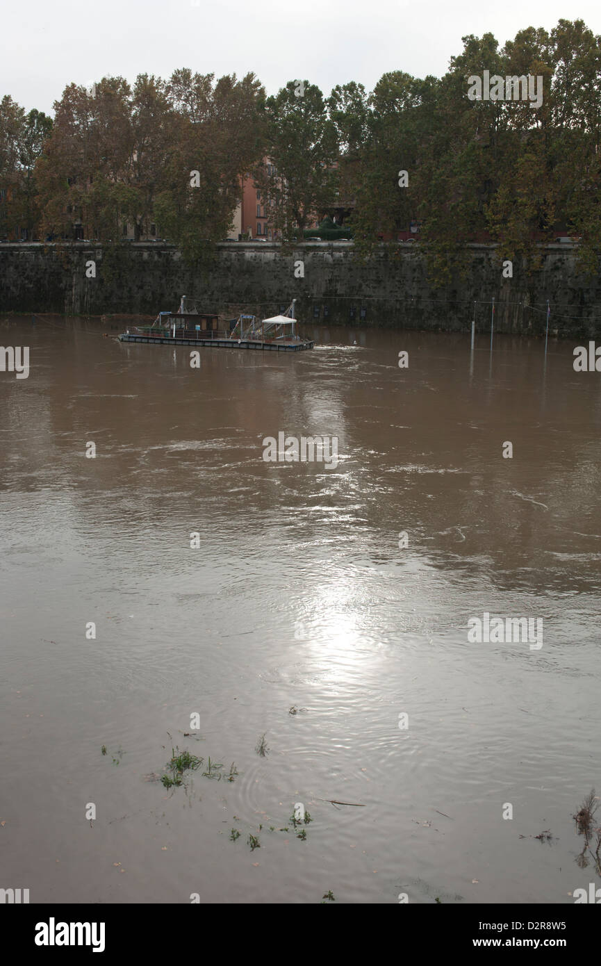 View of the River Tiber in flood, central Rome, Italy. November 2012