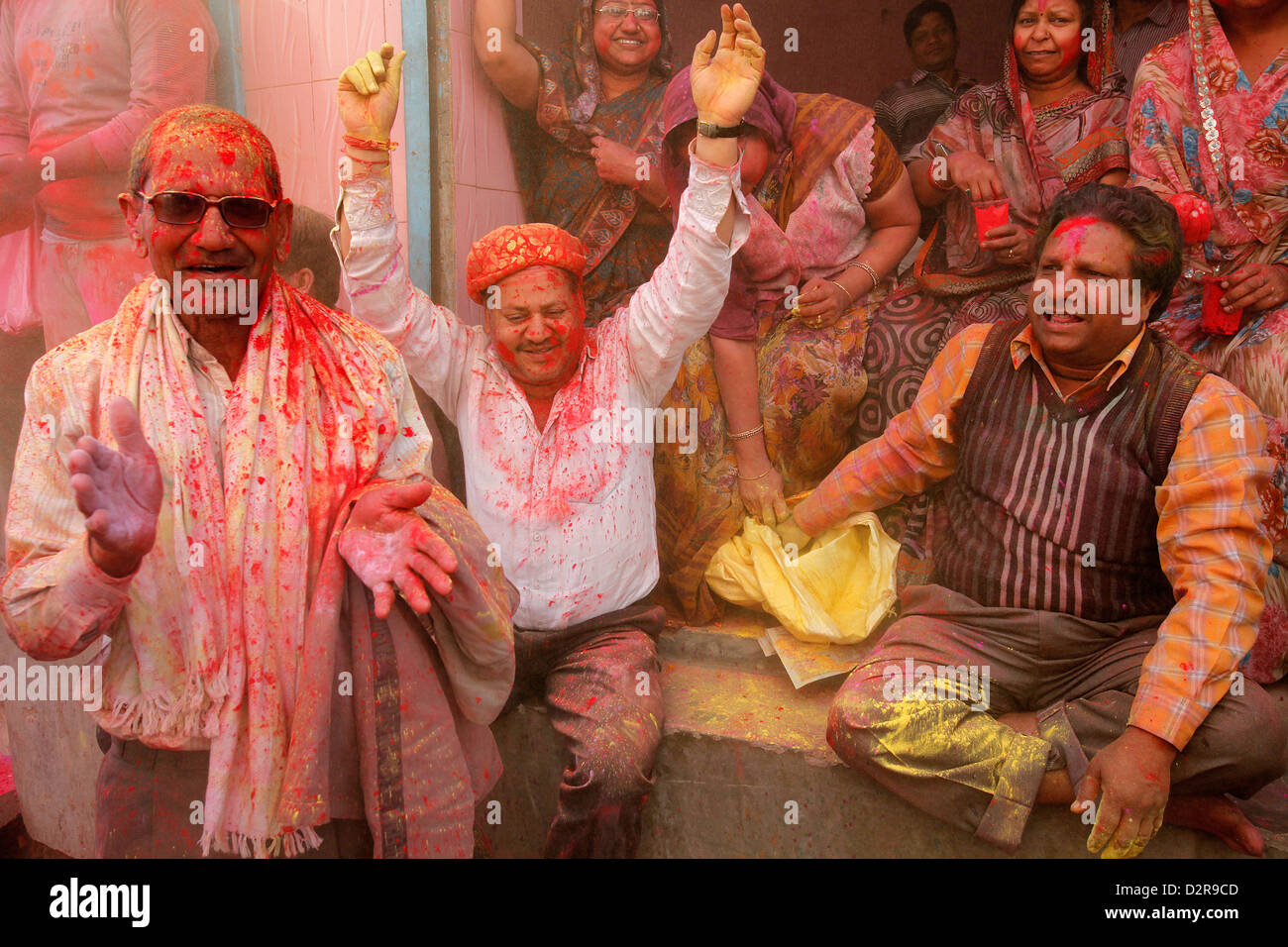 Celebrating Holi festival, Barsana, Uttar Pradesh, India, Asia Stock Photo