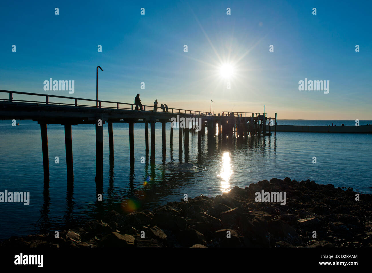 Pier at sunset at Fraser Island, UNESCO World Heritage Site, Queensland, Australia, Pacific Stock Photo