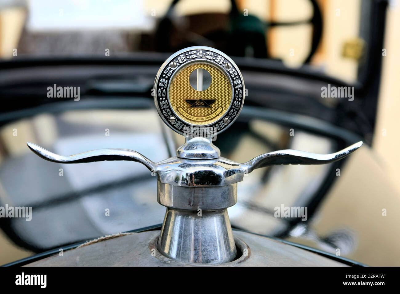 Radiator water thermometer on a 1927 Ford Model T vehicle at the Sarasota Pride and Joy car show in Florida Stock Photo