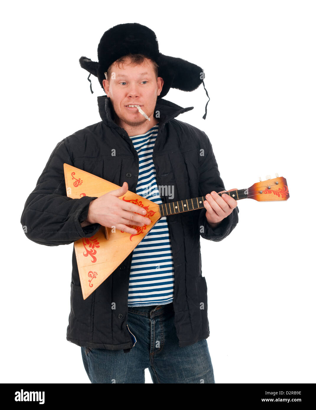 Russian man with balalaika,red-neck.isolated on white background  Stock Photo