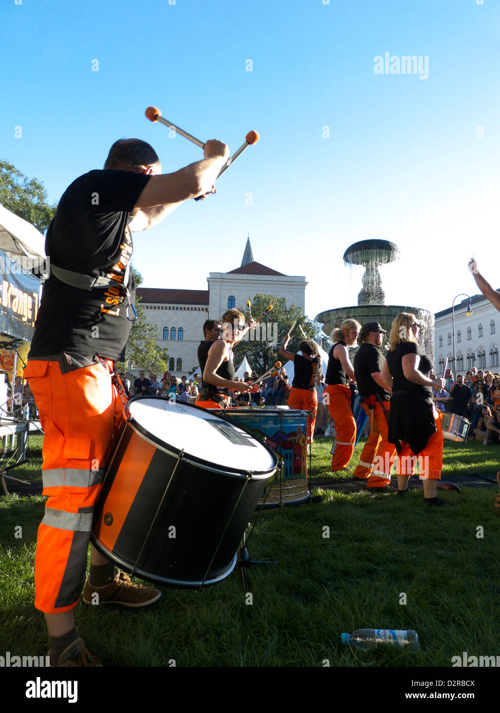 Germany Munich Streetlife Street festival carnival Street musicians performing drum music at university square Stock Photo