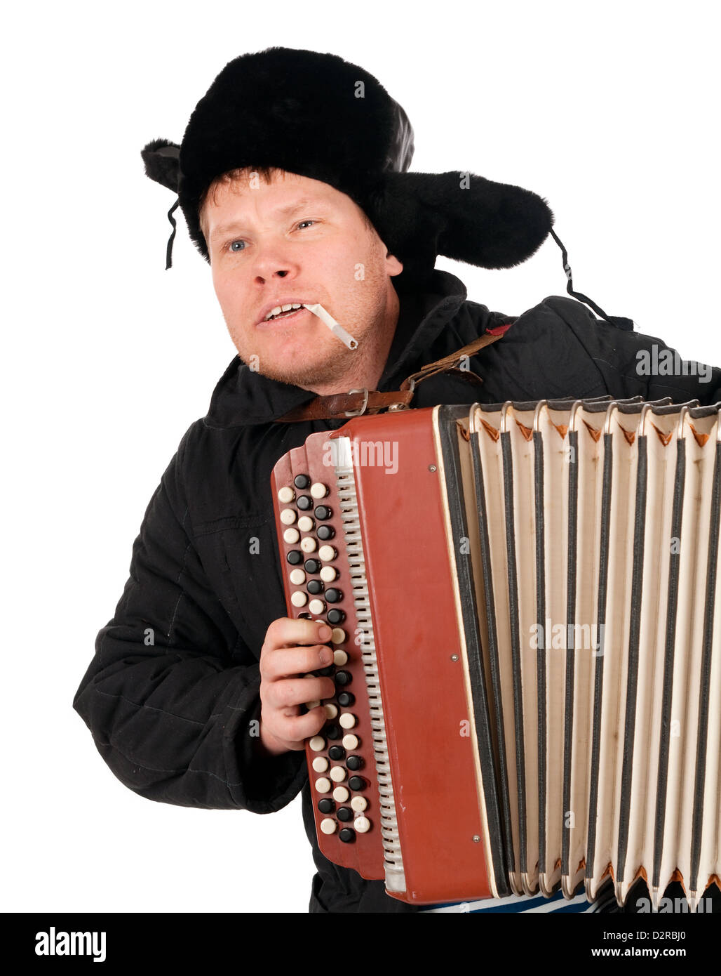 Russian man with accordion,red-neck.isolated on white background  Stock Photo
