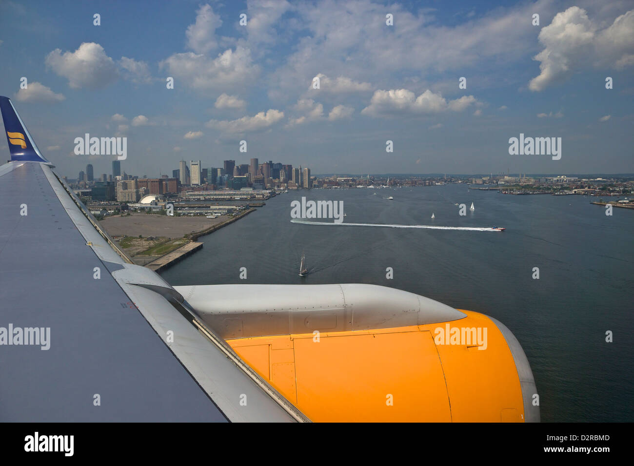 View from Icelandair passenger jet aircraft window over Boston, Massachusetts, New England, USA Stock Photo
