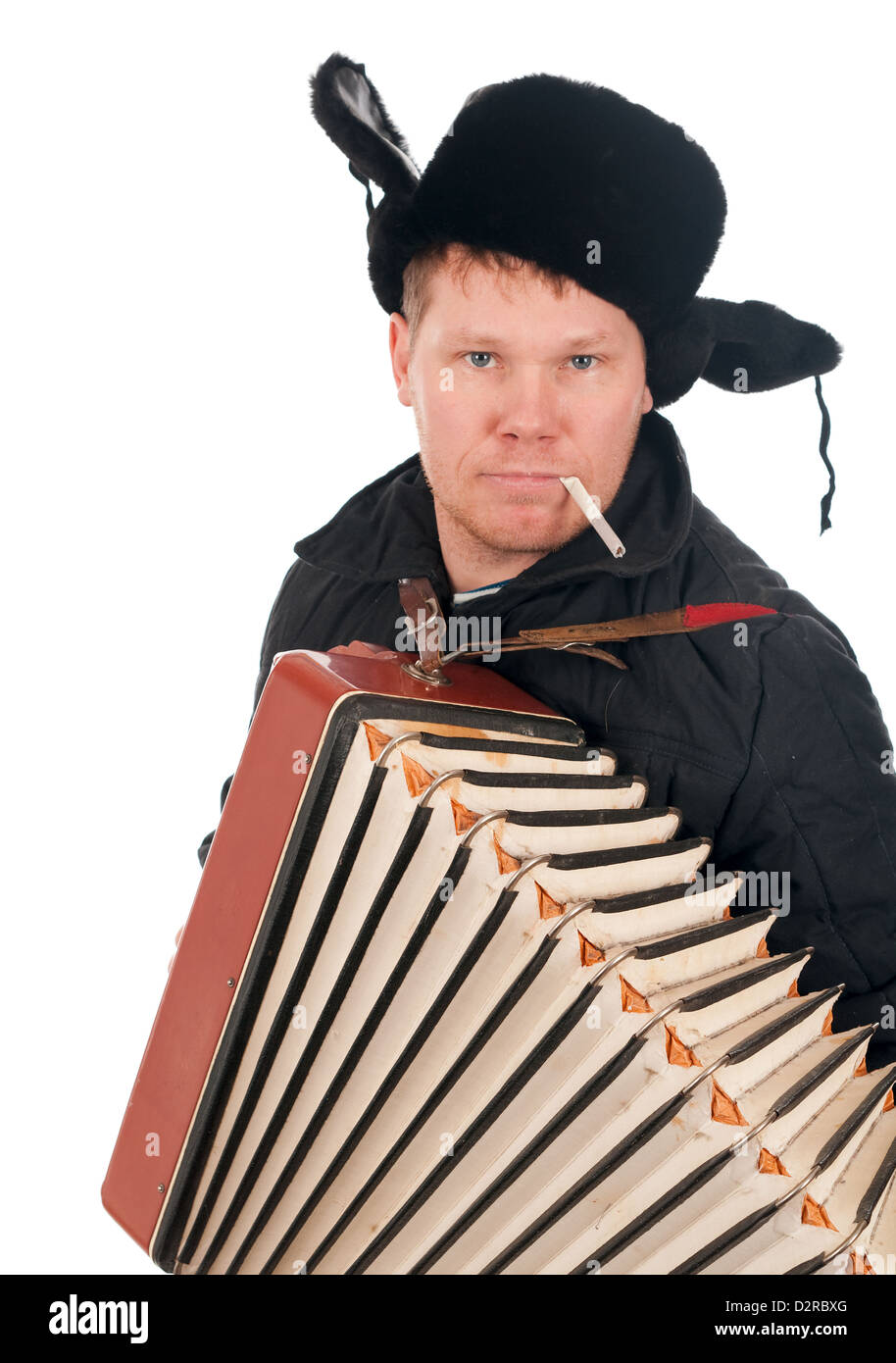 Russian man with accordion,red-neck.isolated on white background  Stock Photo