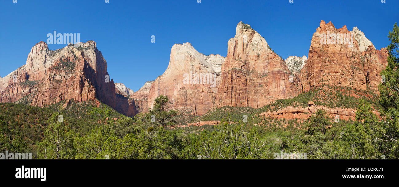 Panoramic photo of Court of the Patriarchs, Abraham Peak, Isaac Peak, Mount Moroni and Jacob Peak, Zion National Park, Utah, USA Stock Photo