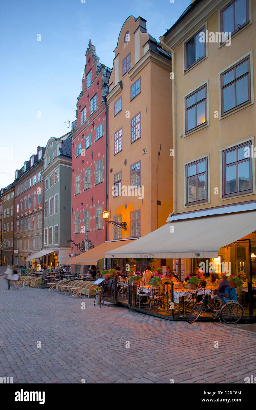 Stortorget Square cafes at dusk, Gamla Stan, Stockholm, Sweden, Europe Stock Photo