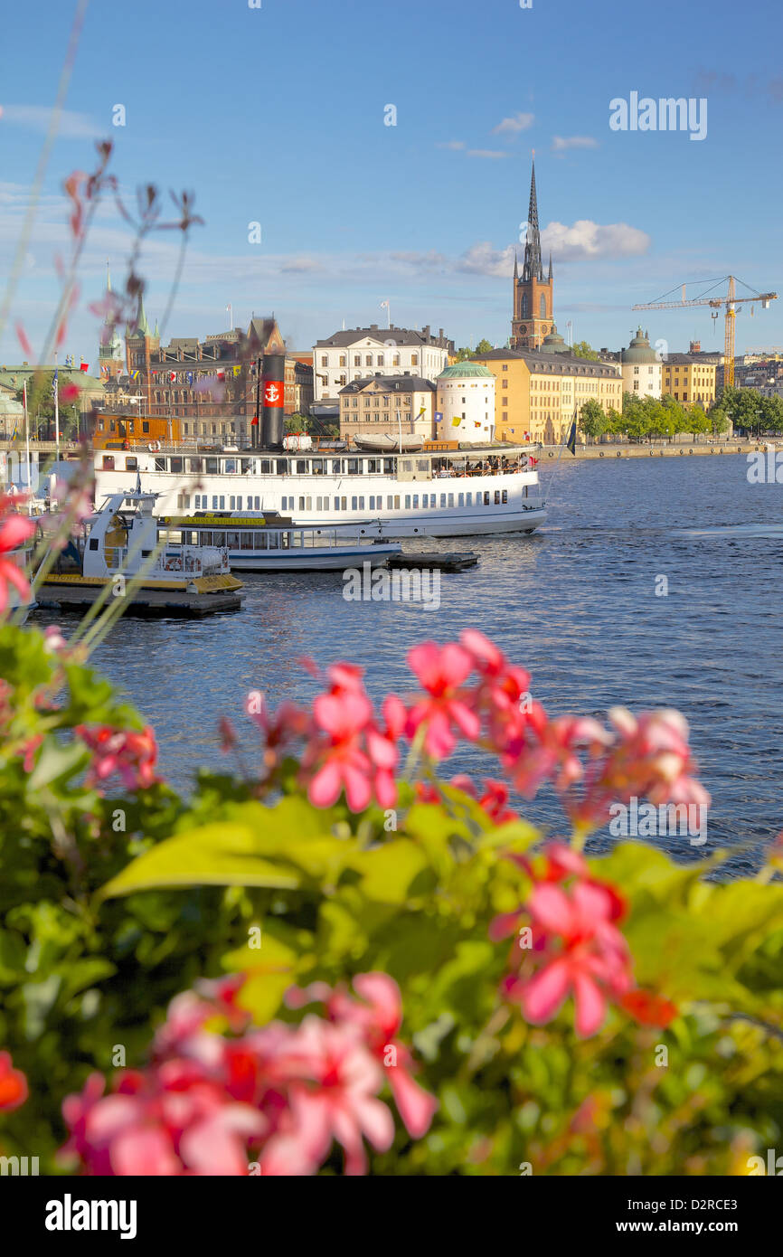 City skyline and flowers, Stockholm, Sweden, Europe Stock Photo