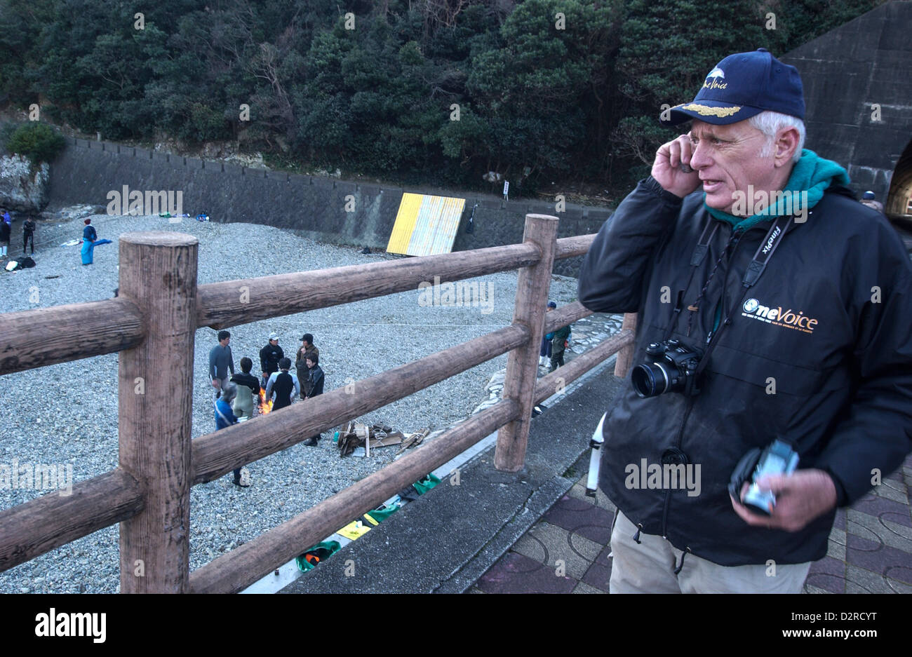 Ex dolphin trainer and activist Ric O'Barry at the cove in Taiji, Wakayama prefecture, Japan Stock Photo