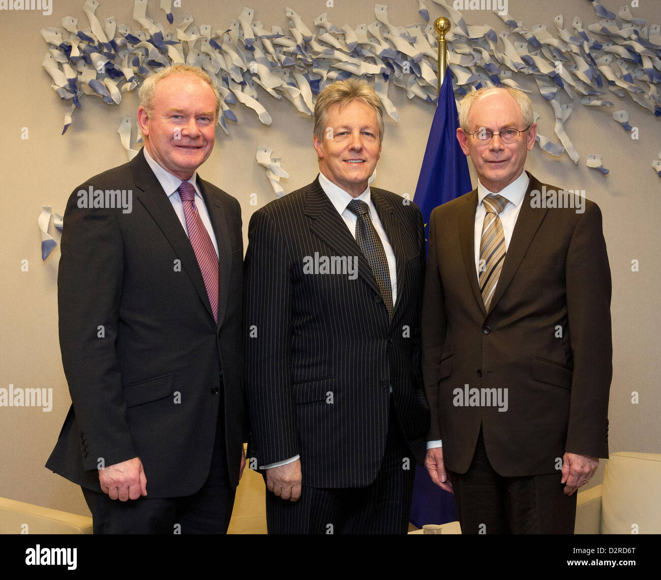 Deputy First Minister Martin McGuinness and First Minister Peter Robinson of the Northern Ireland Executive were greeted by European Council President Herman Van Rompuy Stock Photo