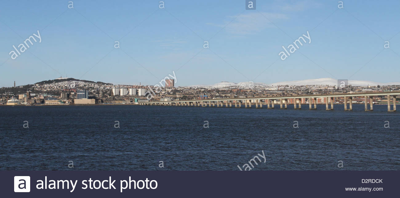Dundee waterfront with snow covered Sidlaw hills Scotland January Stock