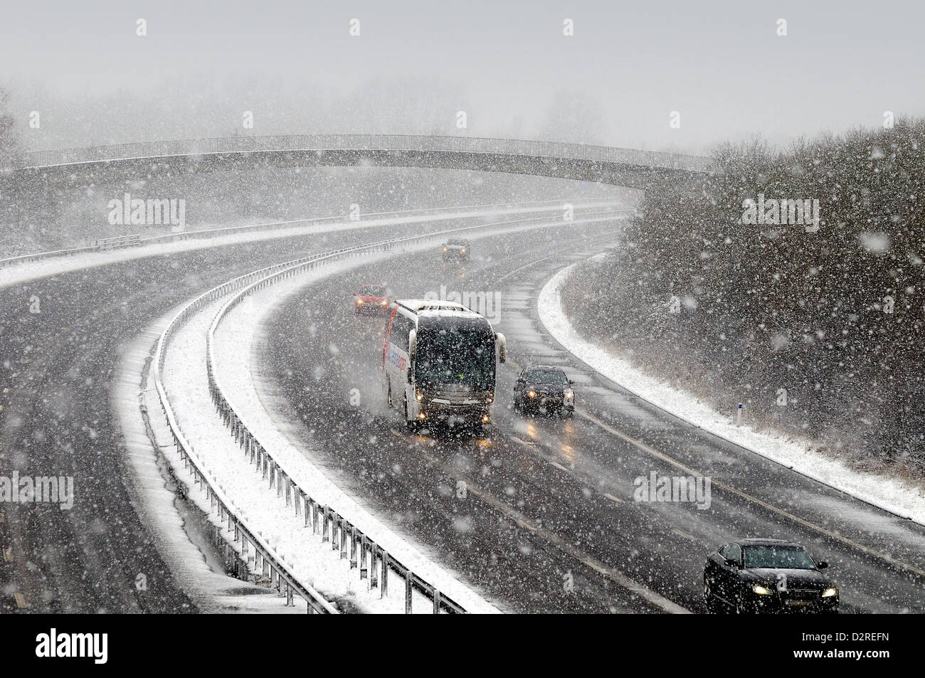 Heavy snow on the M3 motorway West London Stock Photo