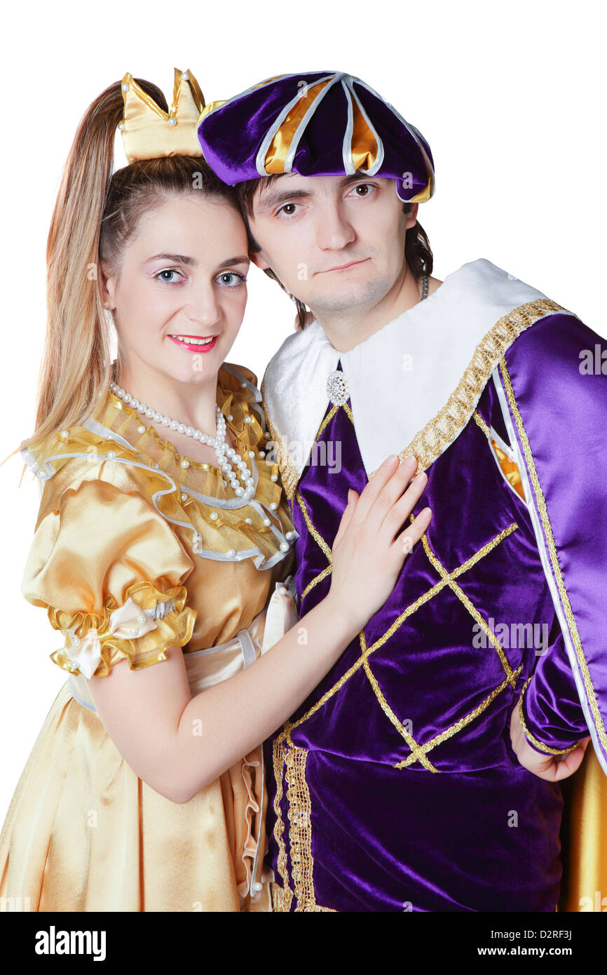 Guy and girl dress up as Prince and Princess isolated on a white