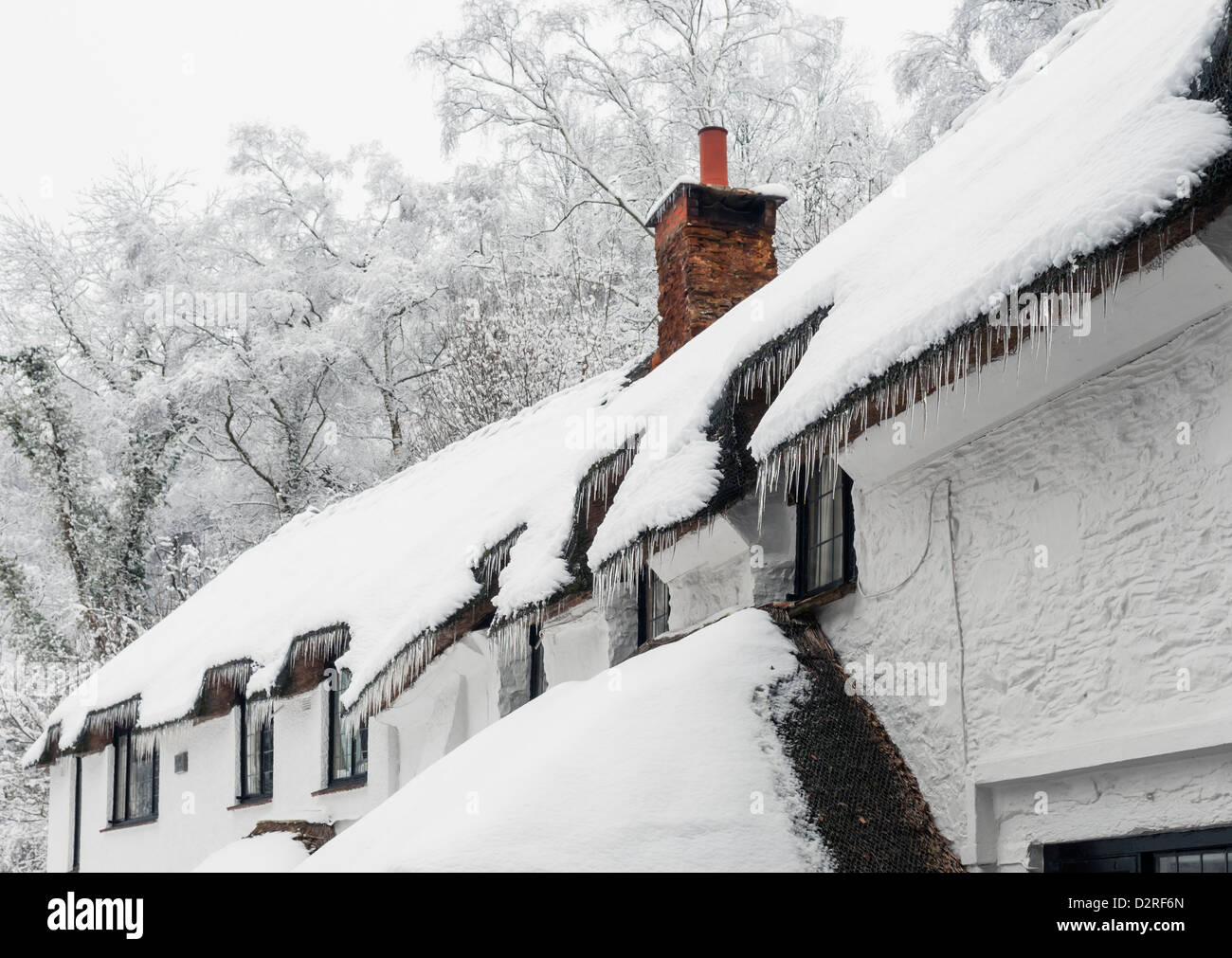 A thatched cottage covered in snow and icicles, during extreme cold weather, 2012. Stock Photo