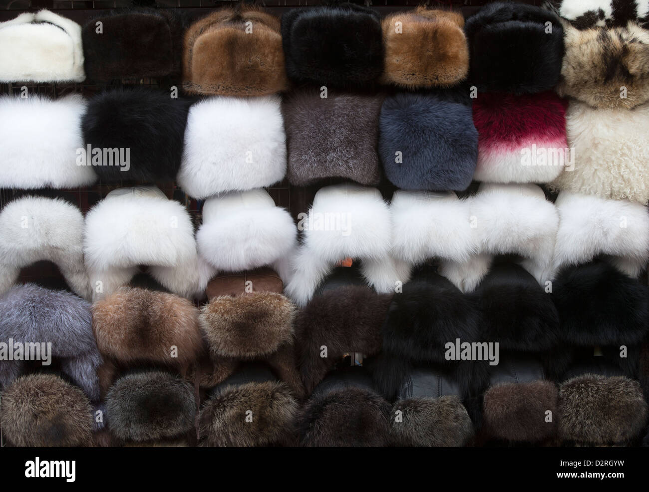 Fur hats in a street market Stock Photo