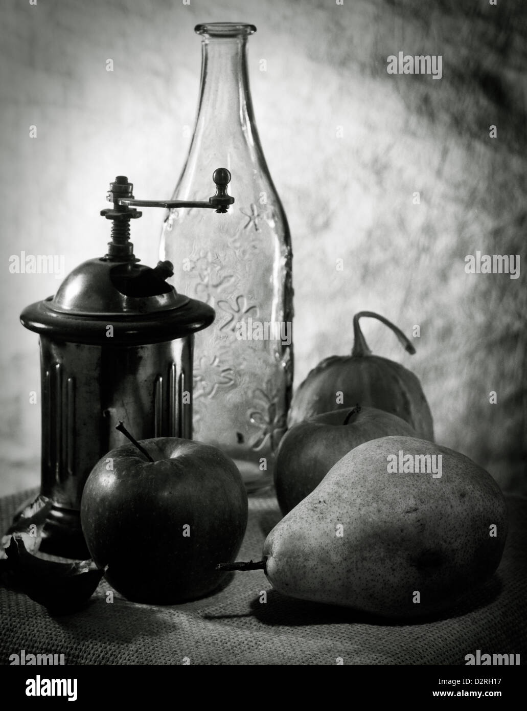 Retro still life with kitchen utensils and fruits. 4x5 scanned film source Stock Photo