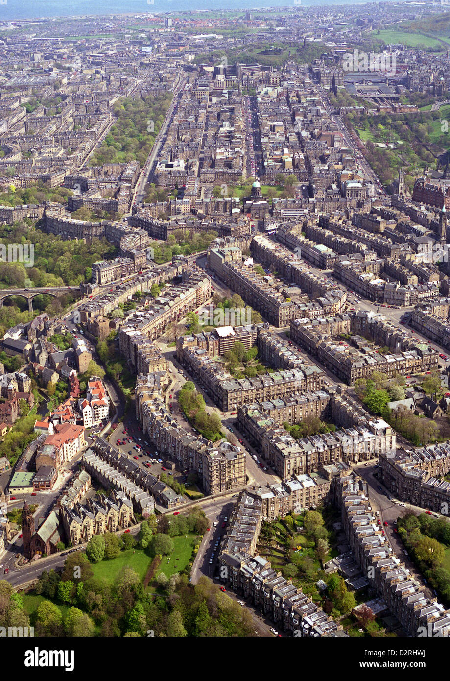 aerial view of Douglas Crescent, Palmerston Place & Rothesay Place and Edinburgh City Centre from the west Stock Photo