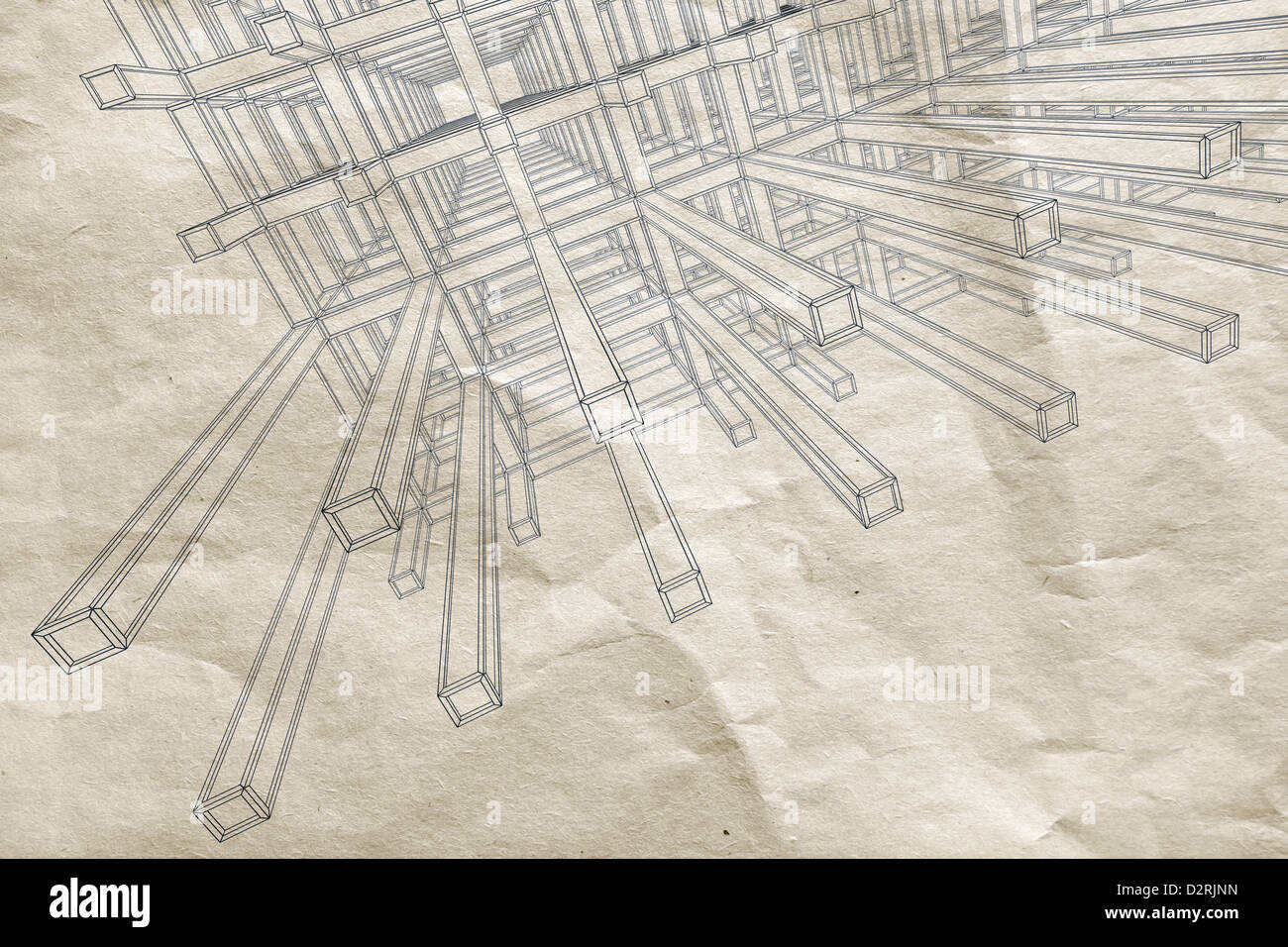 Ink blueprint with perspective view of an abstract 3d braced construction on old paper Stock Photo