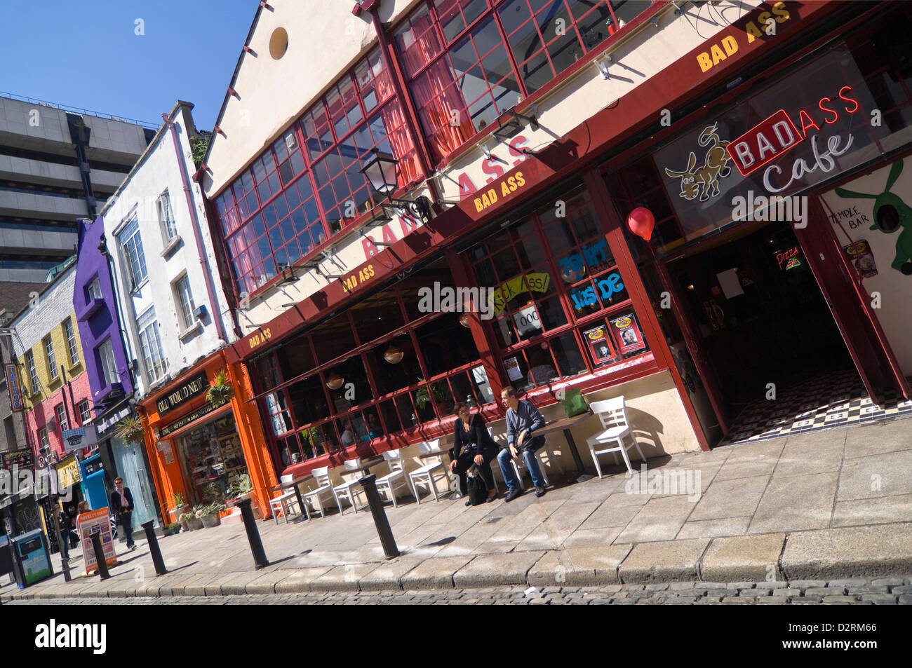 Horizontal perspective view of colourful bars and cafes in the Temple Bar district of Dublin during the day. Stock Photo