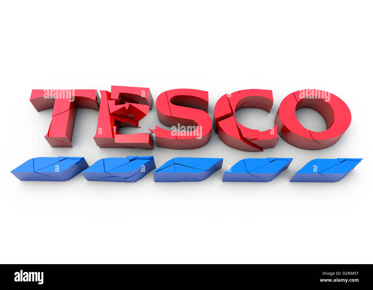 3D render of a cracking and crumbling TESCO logo - Concept image - White background Stock Photo