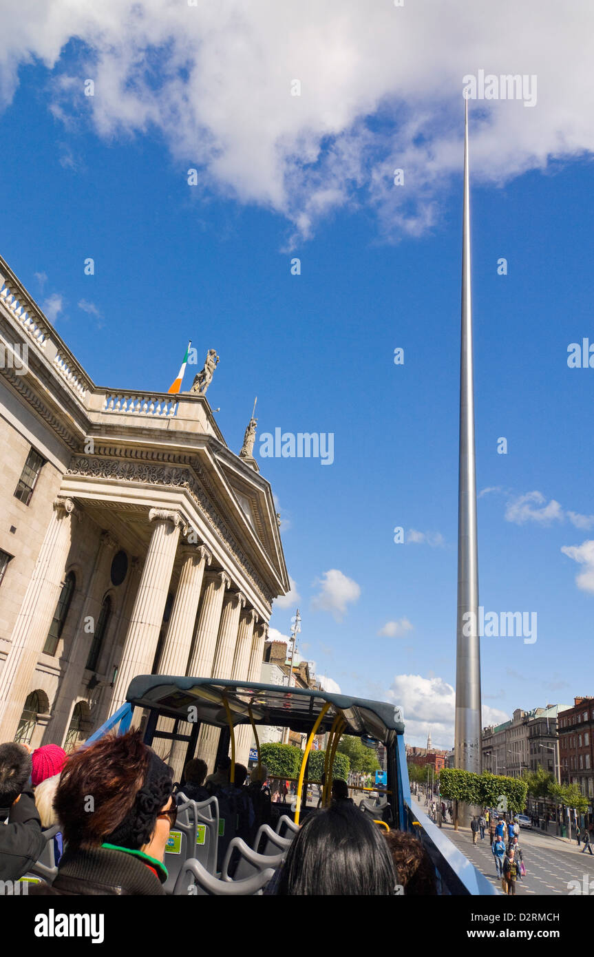 Vertical streetscape of O'Connell street, with the General Post Office and the Spire of Dublin on a sunny day. Stock Photo