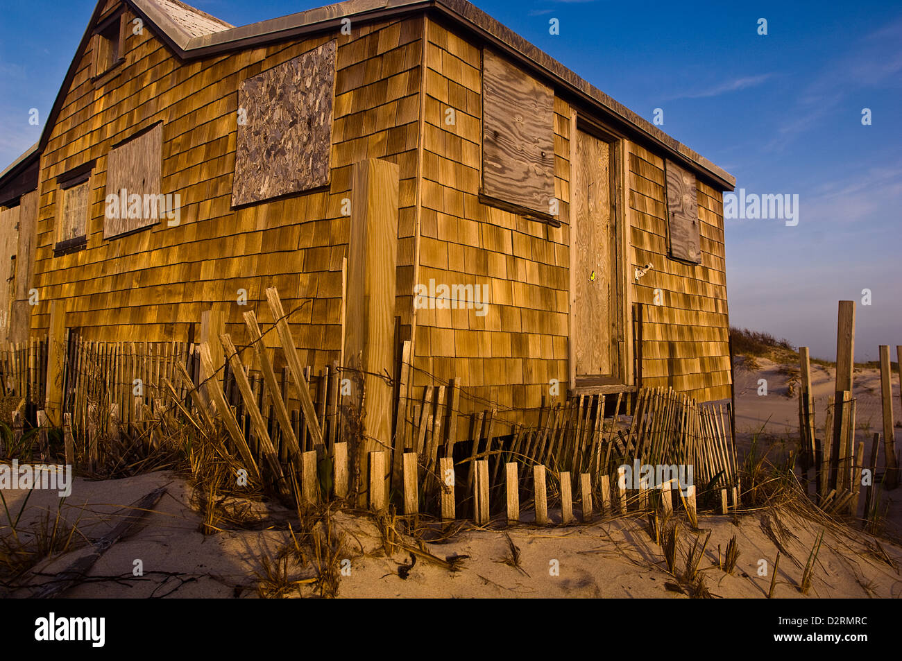 Old weathered wooden house at Island Beach State Park, New Jersey Stock