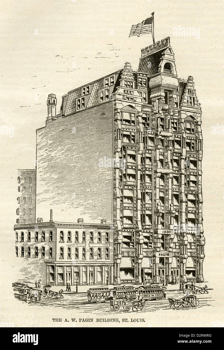 1890 engraving, the A.W. Fagin Building, a very progressive piece of architecture for its time, in St. Louis, Missouri. Stock Photo