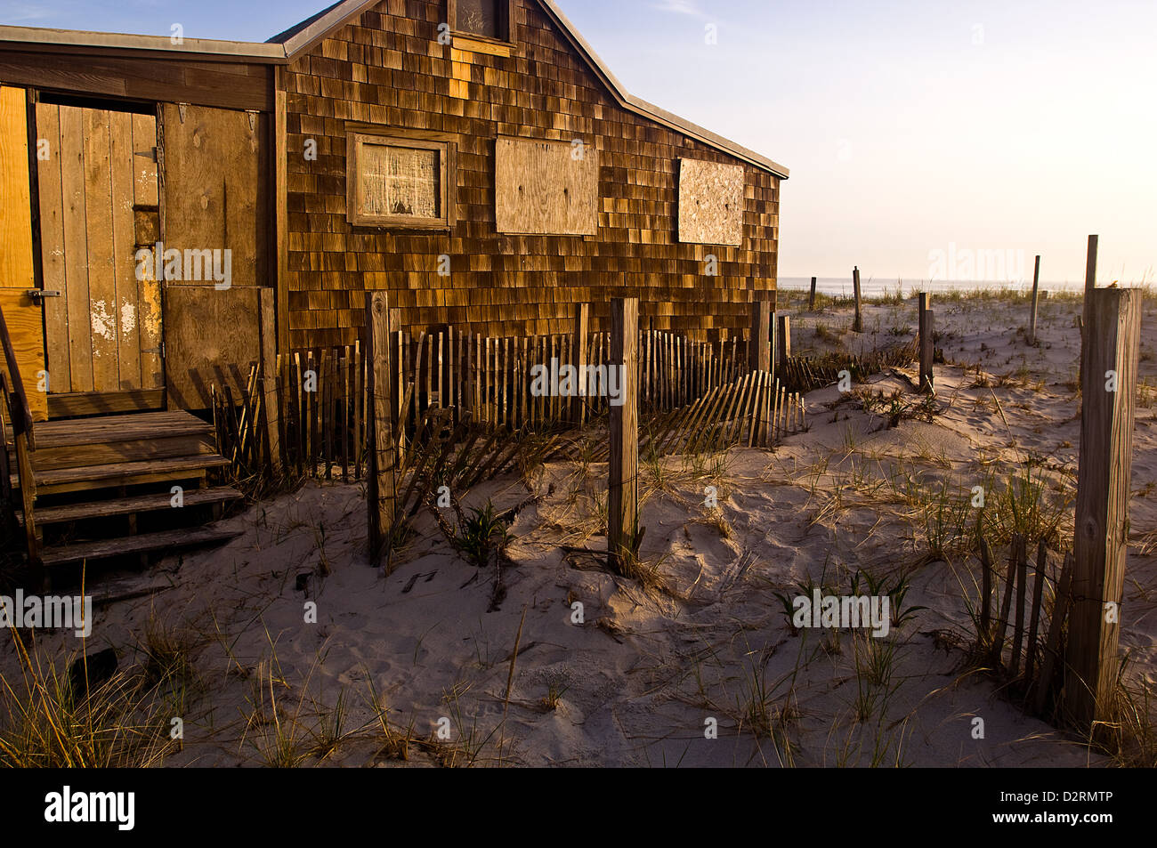 Old weathered wooden house at Island Beach State Park, New Jersey Stock