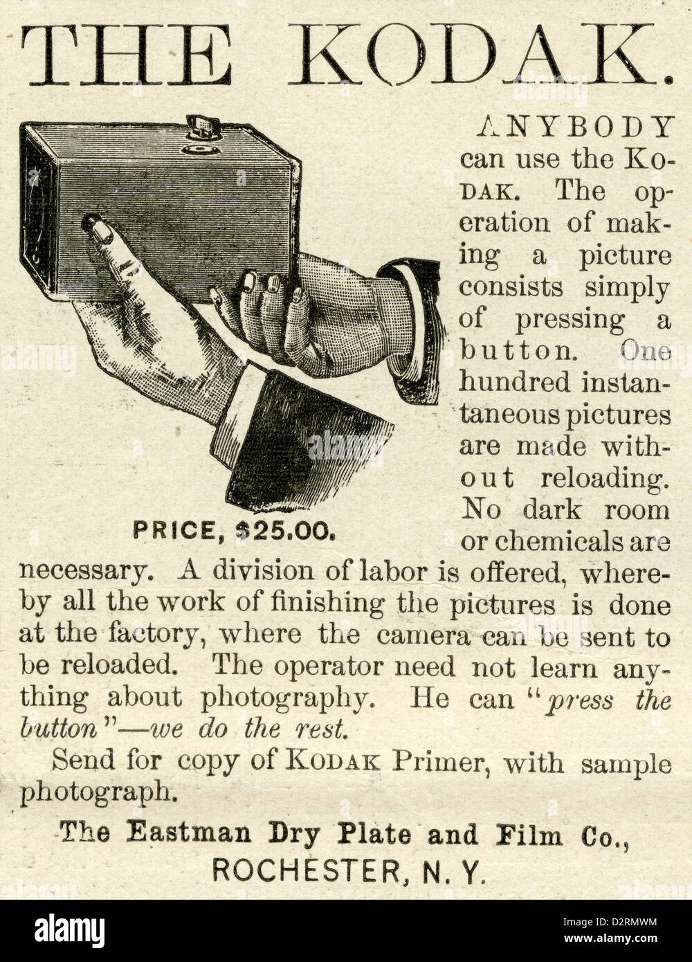 1890 advertisement, The Kodak camera from The Eastman Dry Plate and Film Co. The $25 price in 1890 represents about $650 today. Stock Photo