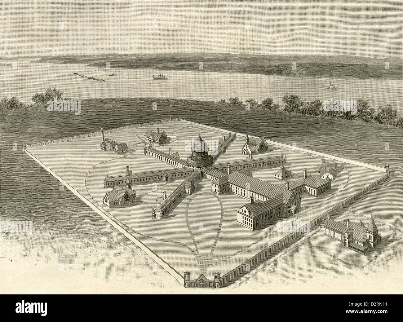 1890 engraving, New York - The Proposed New State Prison and Its Site 