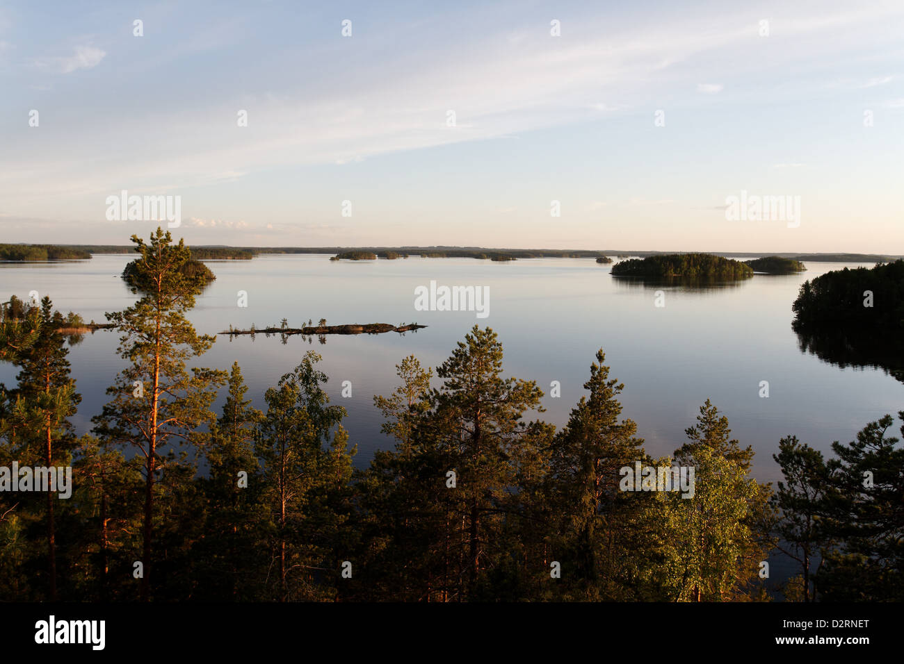 View of Lake Haukivesi at sunset from Linnavuori Rock on Linnansaari Island in Linnansaari National Park, Finland Stock Photo