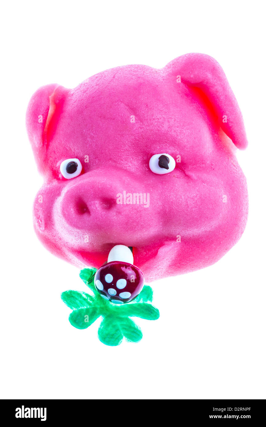 Little marzipan pigs, pork face, with shamrock, lucky charm symbol. Stock Photo