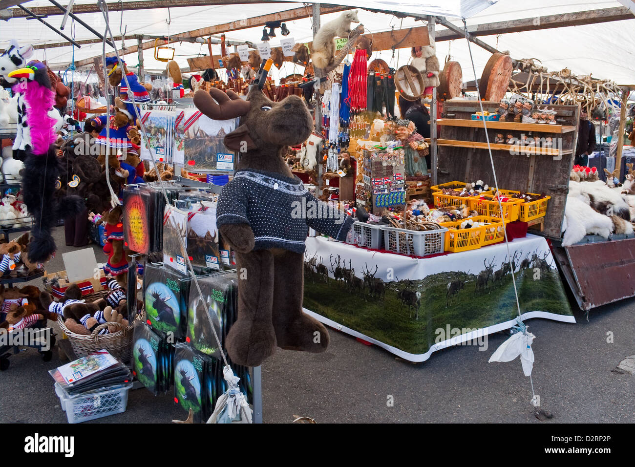 Norwegian keepsakes and souvenirs on sale at an open air market in