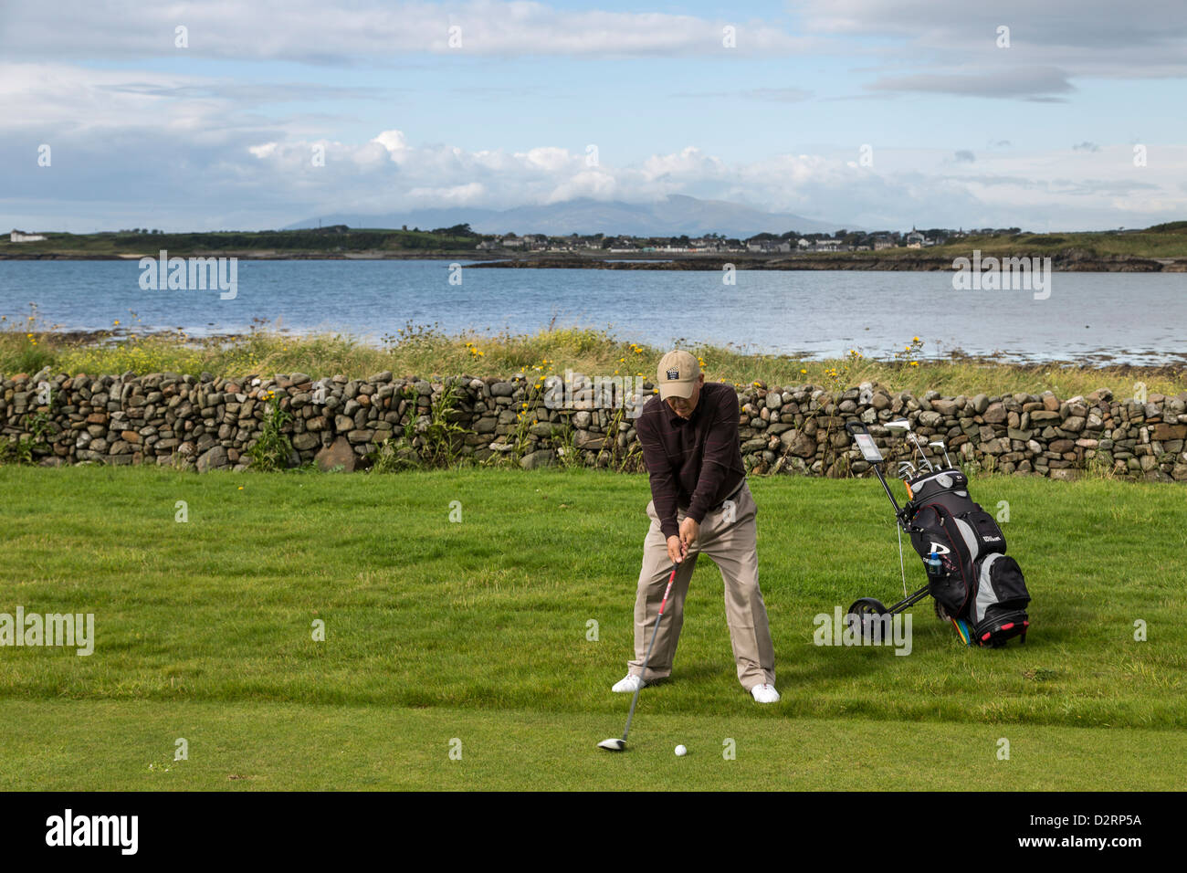 senior golfer playing the ball, Ardglass golf club, Northern Ireland Stock Photo