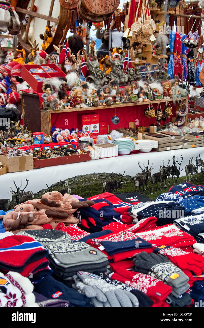 Traditional Norwegian knitwear and souvenirs on sale at an open air