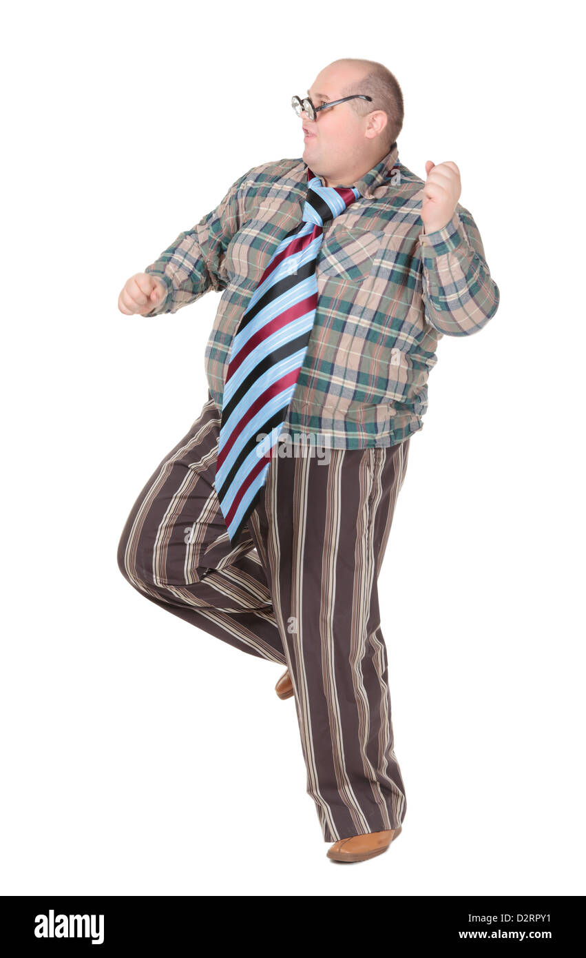 Fun portrait of an obese man with an outrageous fashion sense with oversized flamboyant tie, on white Stock Photo