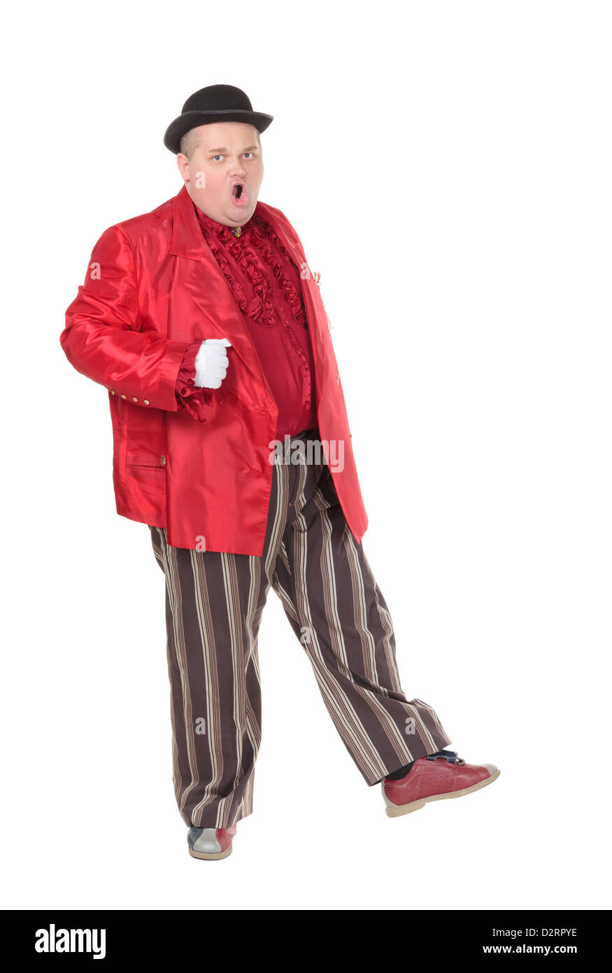 Very fat man in a red entertainer's costume and bowler hat, isolated on white Stock Photo