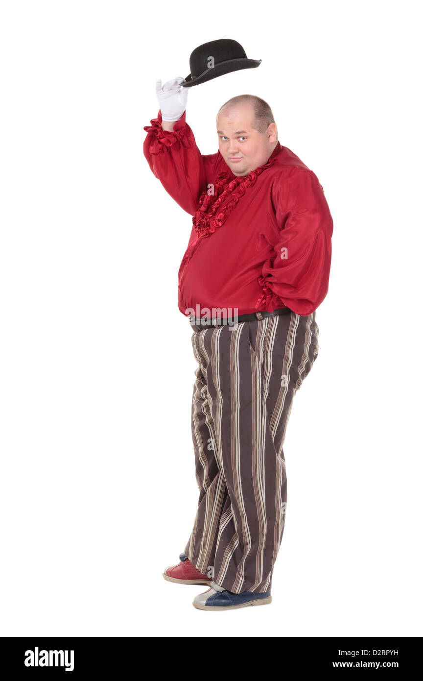 Very fat man in a red entertainer's costume and bowler hat, isolated on white Stock Photo