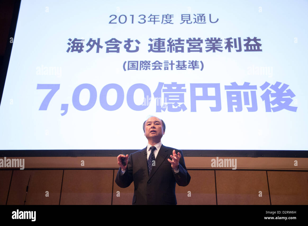 Tokyo, Japan. 31st January 2013.  President Masayoshi Son of Japan's Softbank Corp. reports its quarterly financial results during a news conference at a Tokyo hotel on Thursday, January 31, 2013. Japans third-largest mobile operator doubled third-quarter profit by lurning Japanese customers with Apple's iPhones and iPads.  (Photo by AFLO/Alamy Live News) Stock Photo