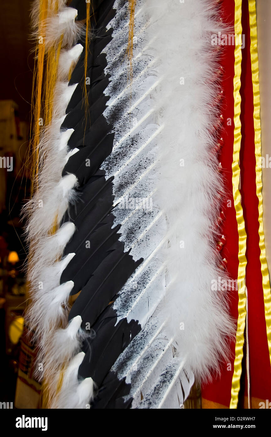Closeup detail of Native American Navajo Indian chief headdress made of real feathers, tourist souvenir Rapid City South Dakota Stock Photo