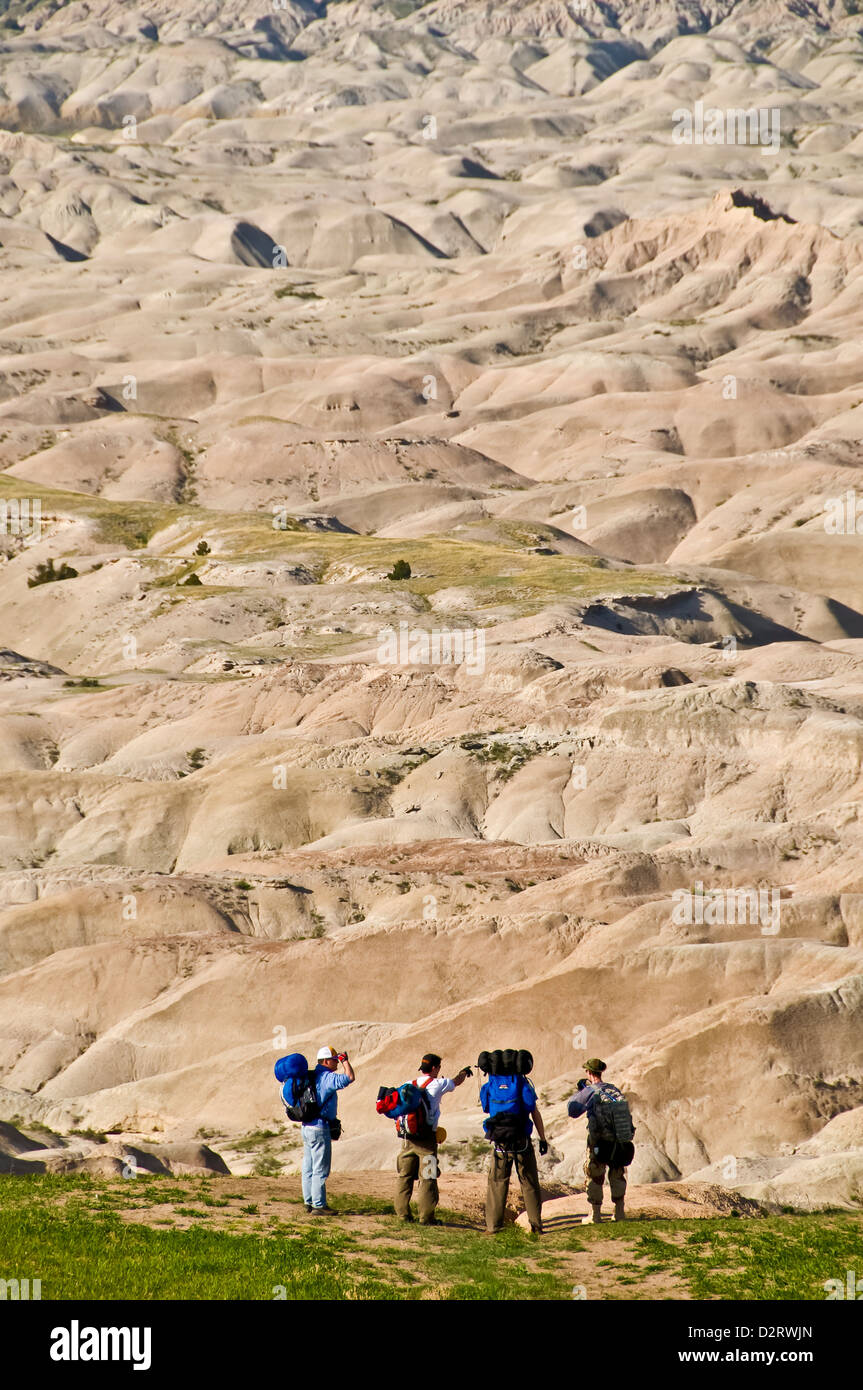 Hikers preparing to enter the Badlands, Black Hills, South Dakota Stock Photo