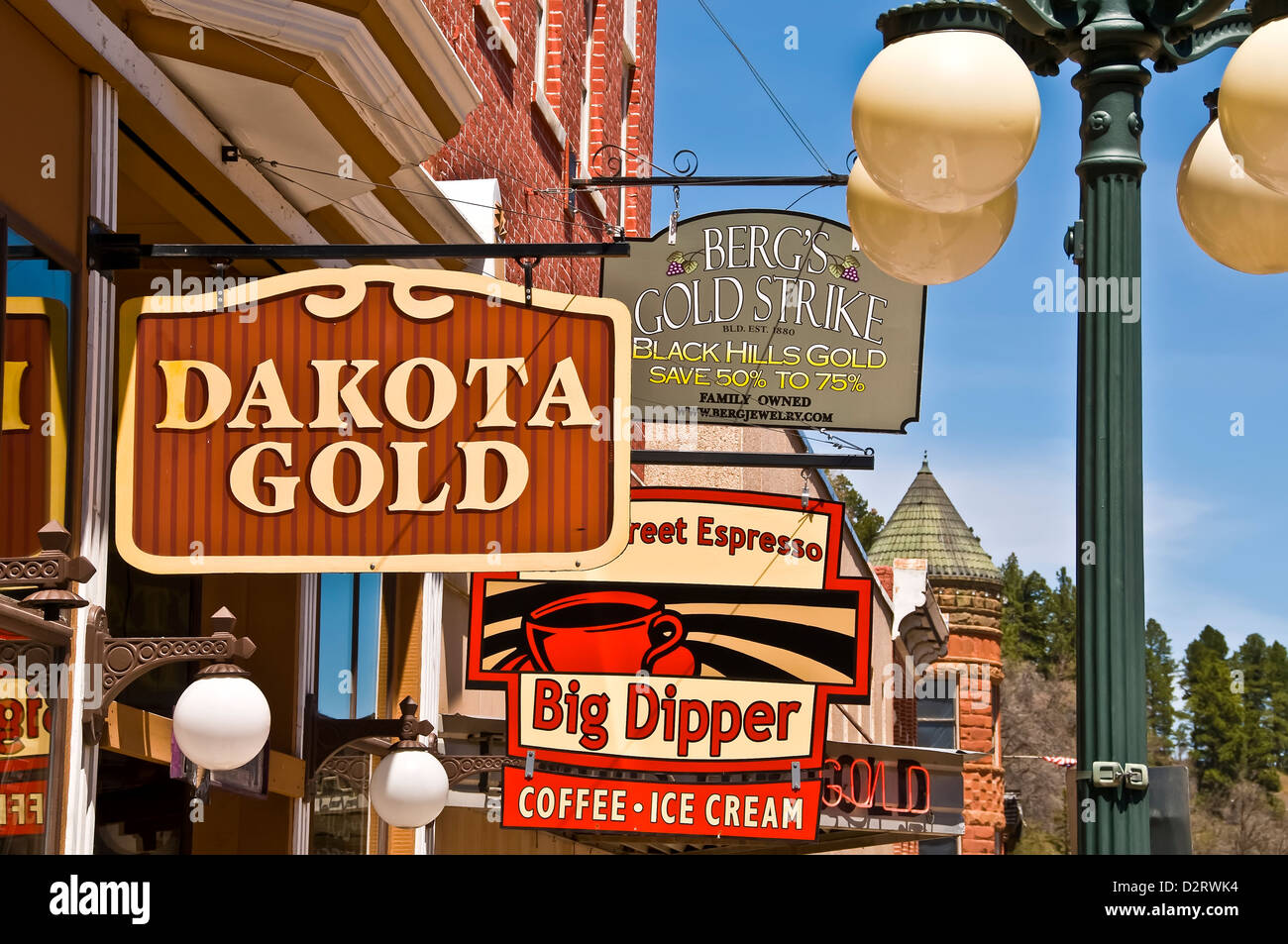 Historic Deadwood city, a national historic landmark, 19th century buildings and signs with authenticaly recreated lamp posts Stock Photo