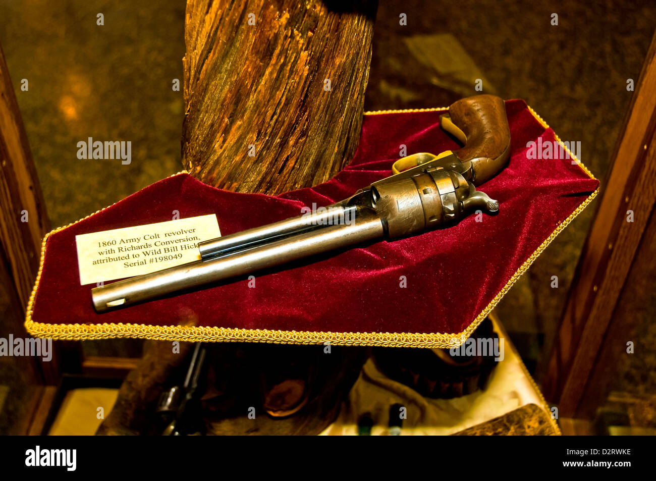 Army revolver belonging to Wild Bill Hickok displayed in the Deadwood Adams Museum in the South Dakota Black Hills Stock Photo